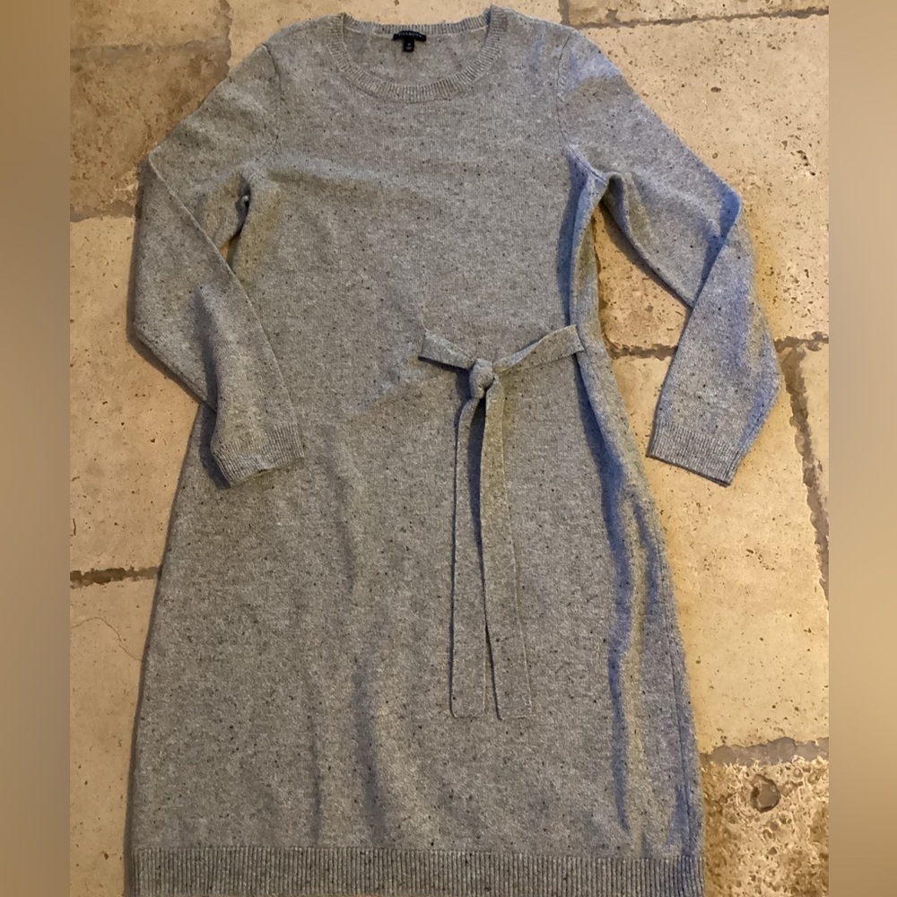 Talbots Knit Sweater Dress Heather Gray Long Sleeve Waist Tie Crew Neck Size M
